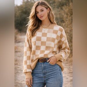 Show Me Your Mumu Checkered Knit Sweater XS Tan Cream